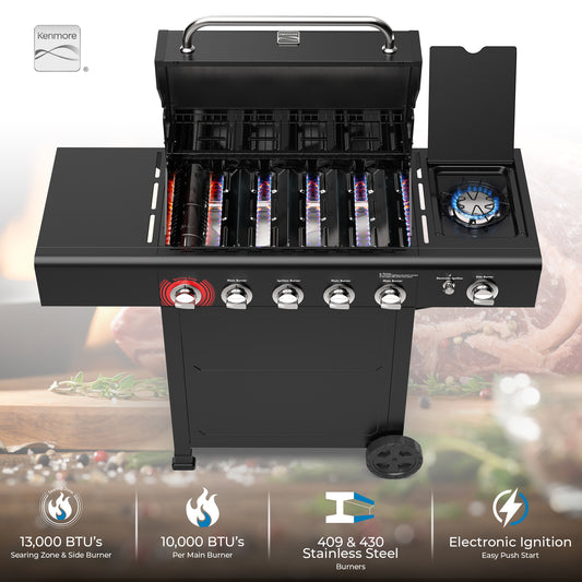 4 Burner Gas Grill with Side Burner and Searing Zone- Black Open Cart
