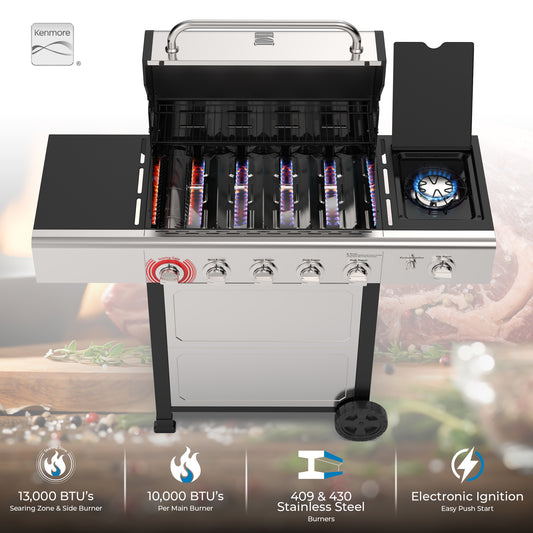 4 Burner Gas Grill with Side Burner and Searing Zone- Stainless Steel Open Cart