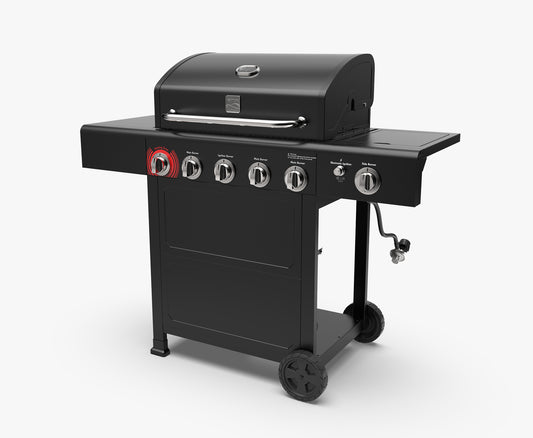 4 Burner Gas Grill with Side Burner and Searing Zone- Black Open Cart