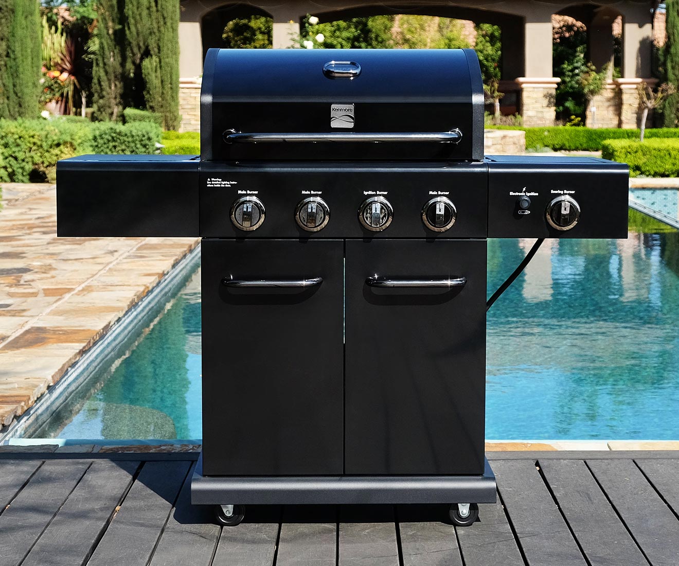 Kenmore 4-Burner Gas Grill with Side Searing Burner Barbecue Barbeque BBQ Grill for Outdoor Outside Cooking PG-40409S0LB-1 in Black with Chrome Accents Elegant Stylish Design Decor for Any Backyard Patio Furniture Poolside Pool Side