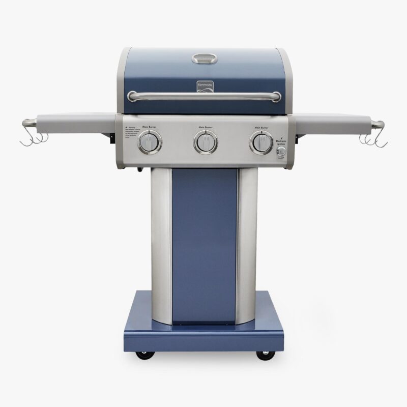 Permasteel 3-Burner Gas Grill for BBQ Barbecue Outdoor Patio Yard Backyard Deck Poolside Pool Host Entertainment Guest Compact Space Saving Small Grill Foldable Sides in Azure Blue