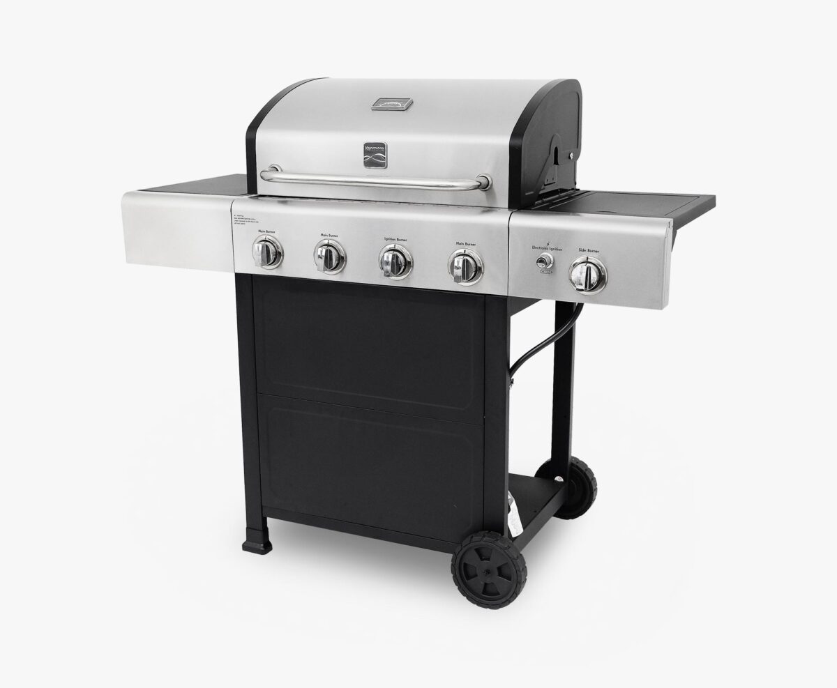 Kenmore 4-Burner Gas Grill with Side Burner in Stainless Steel and Black PG-40406S0L Open Cart Style Design BBQ Grill Barbecue