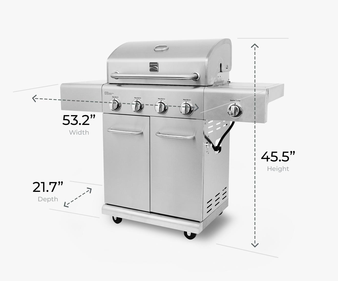 Kenmore 4-Burner Gas Grill with Side Searing Burner in Stainless Steel PG-40405SOL-SE Compact Dimensions