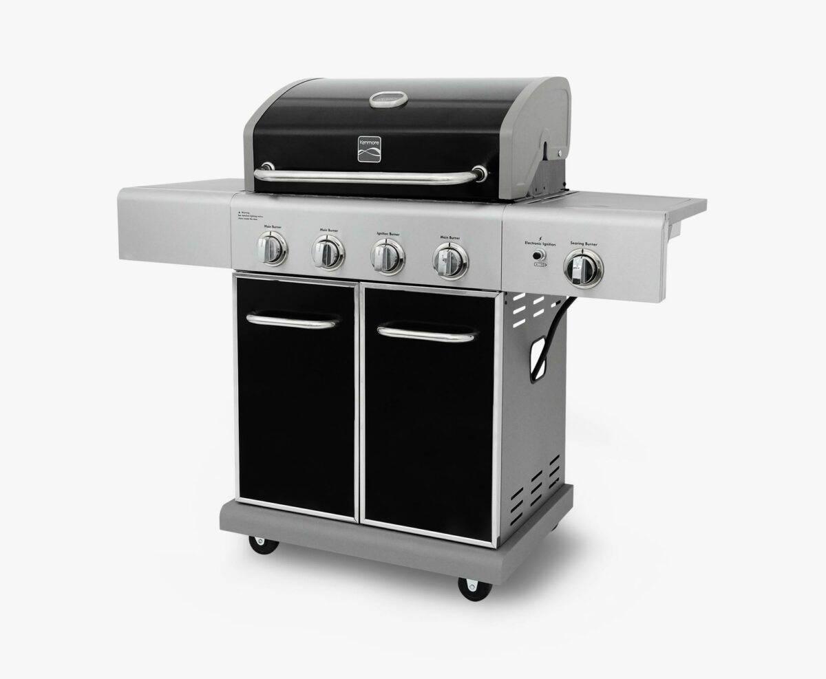 kenmore 4-burner gas grill with side searing burner in black with stainless steel propane bbq grill